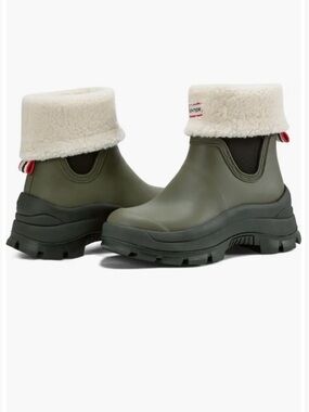 Hunter Esme Olive Green Sherpa Cuff Rain Ankle Boots
